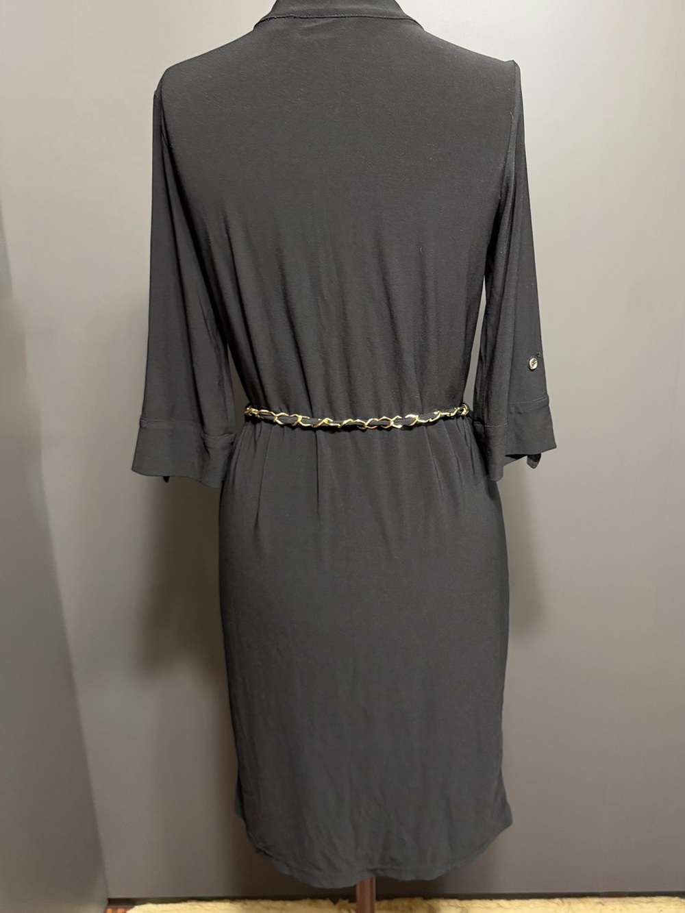 Nina Leonard Black Midi Dress with Gold Chain Belt